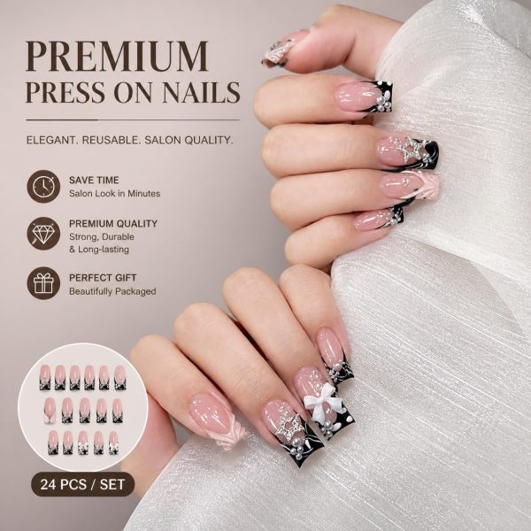 1 24 Pcs Set French 3D Water Ripple Wearable Nail, 3D Bow Pearl Nail Art, Sparkling Diamond Star Fake Nail Patch, Daily Wearable Nail Art, Student Nail Art, DIY Reusable At Home, 2-minute Wearable Nail Art for Holiday Gifts
