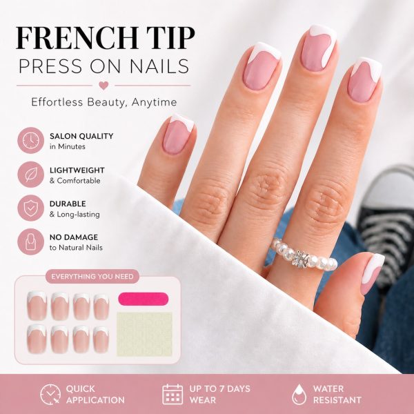 French Nude Color White Wearing Nail, Short Square Irregular Flowing White Edge, Women's Wearable Nail Art, 24 Pieces of Nail Plates