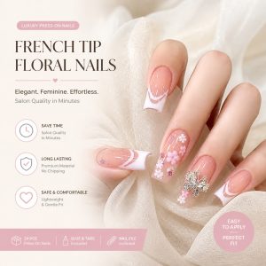 24pcs Long Square Press On Nails, Classic White French & 3D Butterfly, Flower, Artificial Pearls Ornament Design Fake Nails, Contain 1pc Jelly Glue And 1pc Nail File, For Daily Wear By Women And Girls