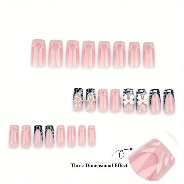 3 24 Pcs Set French 3D Water Ripple Wearable Nail, 3D Bow Pearl Nail Art, Sparkling Diamond Star Fake Nail Patch, Daily Wearable Nail Art, Student Nail Art, DIY Reusable At Home, 2-minute Wearable Nail Art for Holiday Gifts