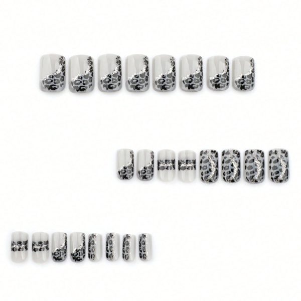 24 Pieces of Gray Leopard Print Spliced Wearable Nail for Autumn and Winter, High-end Nail Art, Fake Nail, Short Square Wearable Nail Piece