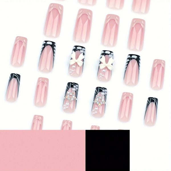4 24 Pcs Set French 3D Water Ripple Wearable Nail, 3D Bow Pearl Nail Art, Sparkling Diamond Star Fake Nail Patch, Daily Wearable Nail Art, Student Nail Art, DIY Reusable At Home, 2-minute Wearable Nail Art for Holiday Gifts