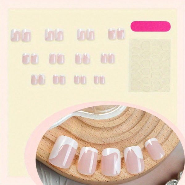 French Nude Color White Wearing Nail, Short Square Irregular Flowing White Edge, Women's Wearable Nail Art, 24 Pieces of Nail Plates