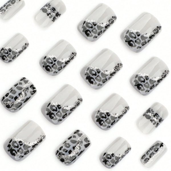 24 Pieces of Gray Leopard Print Spliced Wearable Nail for Autumn and Winter, High-end Nail Art, Fake Nail, Short Square Wearable Nail Piece