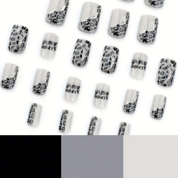 24 Pieces of Gray Leopard Print Spliced Wearable Nail for Autumn and Winter, High-end Nail Art, Fake Nail, Short Square Wearable Nail Piece